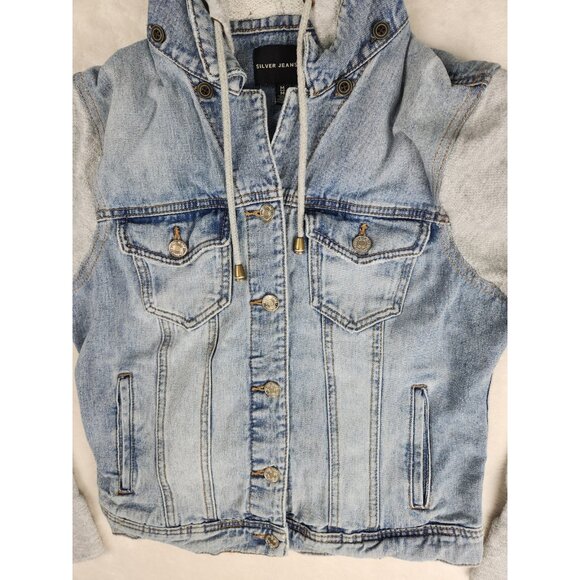 Silver Women's Denim Jacket With Hood Size Medium Trucker Strech - Picture 2 of 12